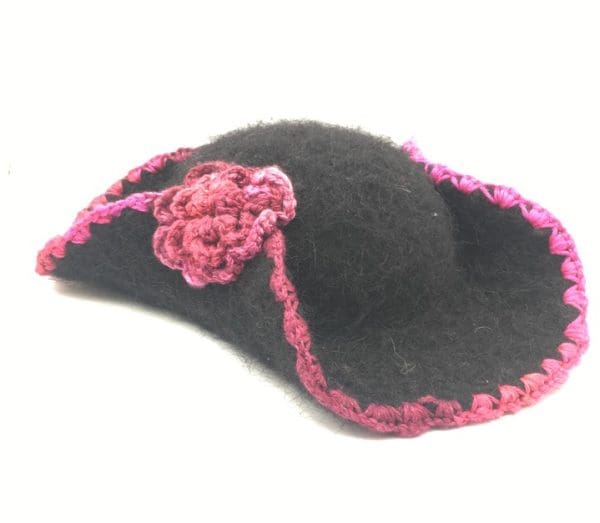 Small, Black Tricorn Hat-Pink Flower