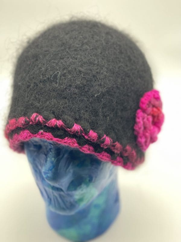 Size Large, Black Cloche Embellished In Handspun Yarn In Shades of Pinks - Image 2