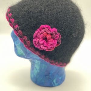 Size Large, Black Cloche Embellished In Handspun Yarn In Shades of Pinks
