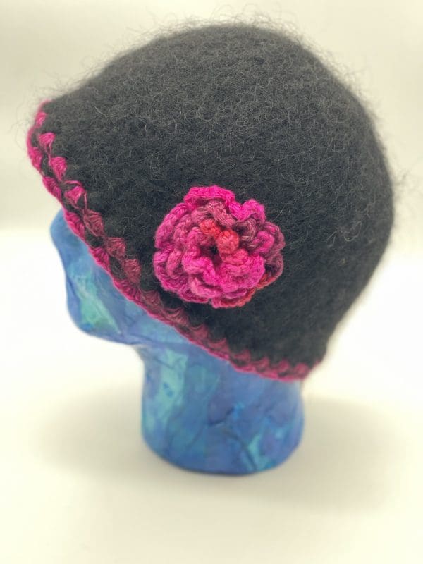 Size Large, Black Cloche Embellished In Handspun Yarn In Shades of Pinks