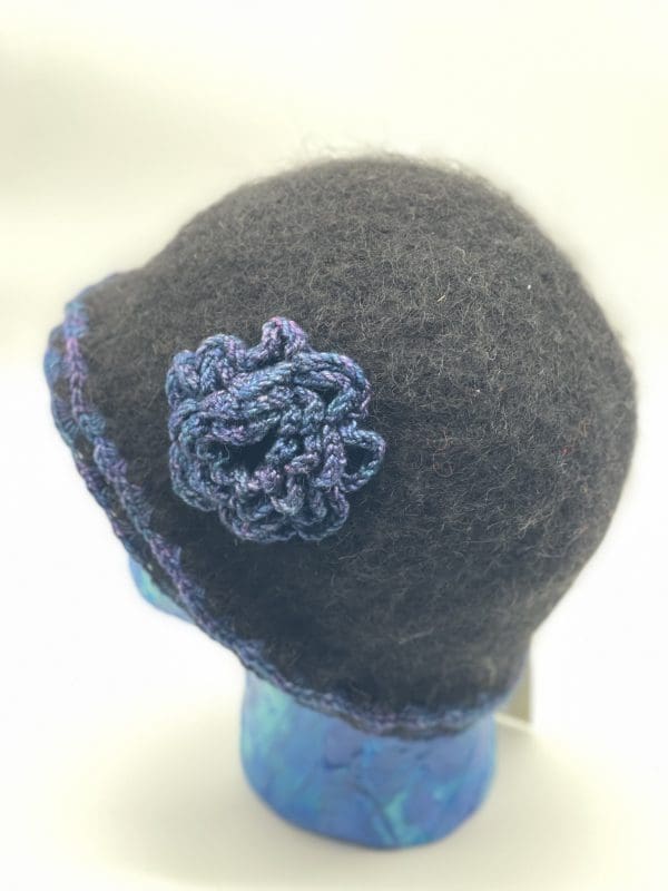 Size Large, Black Cloche With Silk Flower in Blues