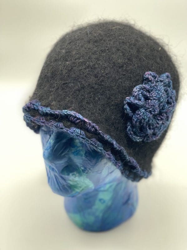 Size Large, Black Cloche With Silk Flower in Blues - Image 2
